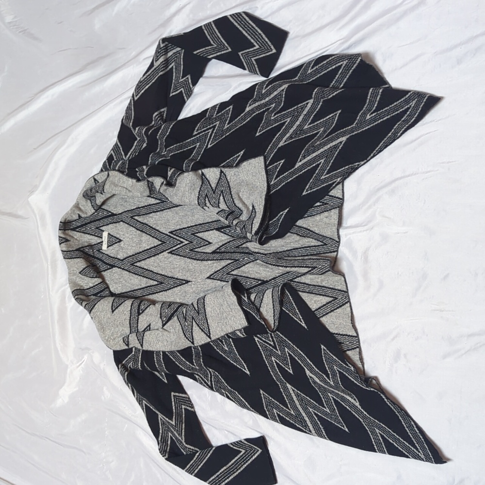 In Style Asymmetrical Open Front Black & Grey Waterfall Cardigan Angora Blend